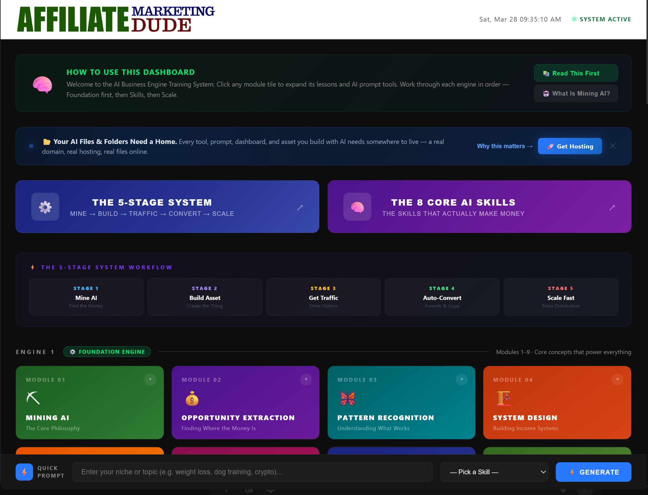 The AI Money Dashboard home screen
